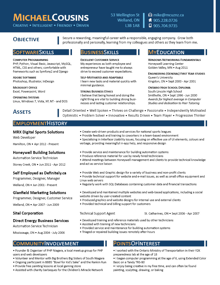 Resume for Michael Cousins - click to download PDF version